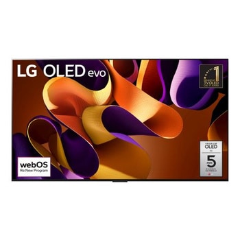 Vista frontale con TV LG OLED evo G4, OLED77G45LW, emblema di marchio numero 1 al mondo da 11 anni per TV OLED e logo della garanzia di 5 anni sul pannello sullo schermo.